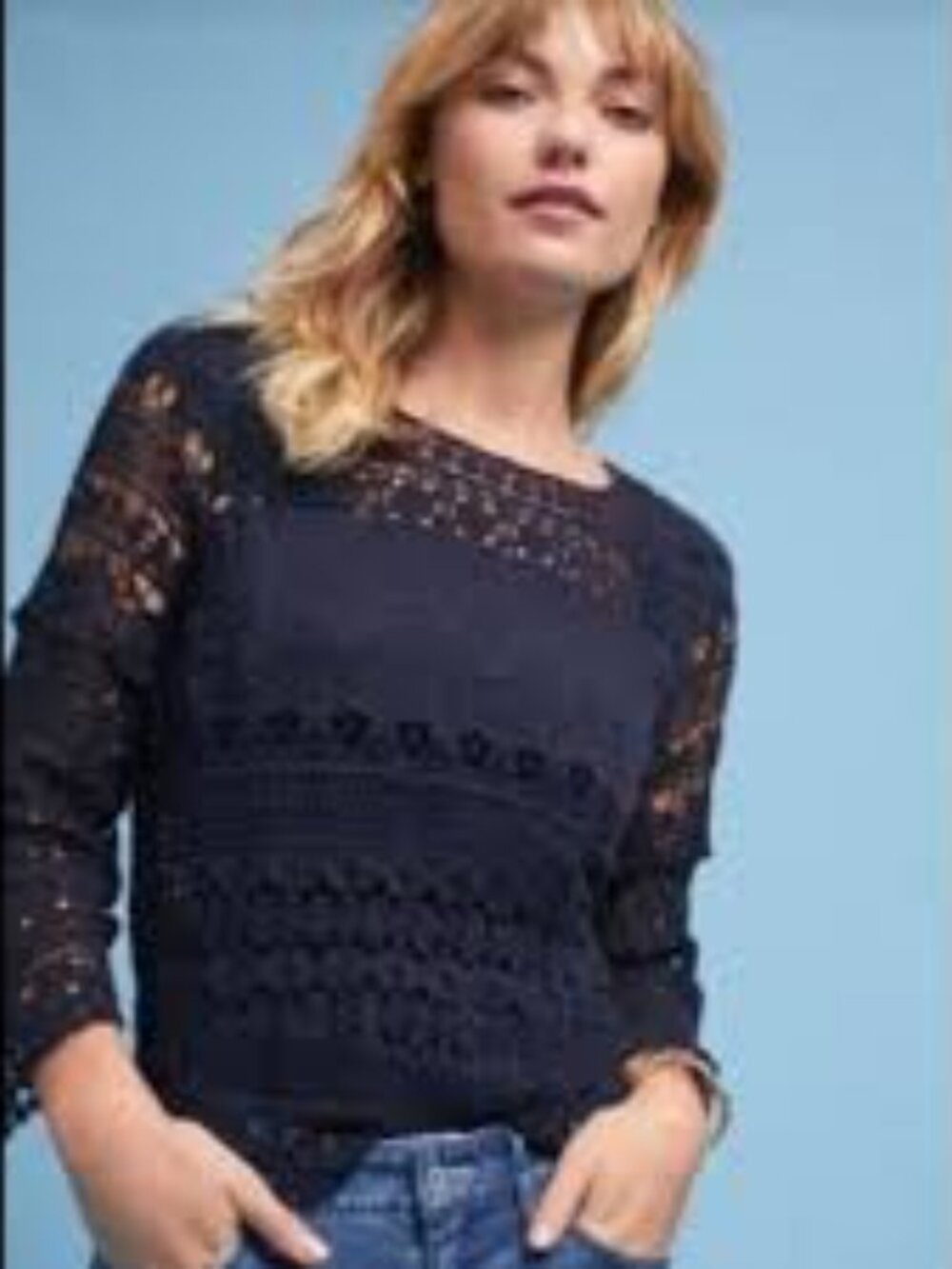 NWT Anthropologie: Deletta Midnight Navy Lace Crochet Top (LP)